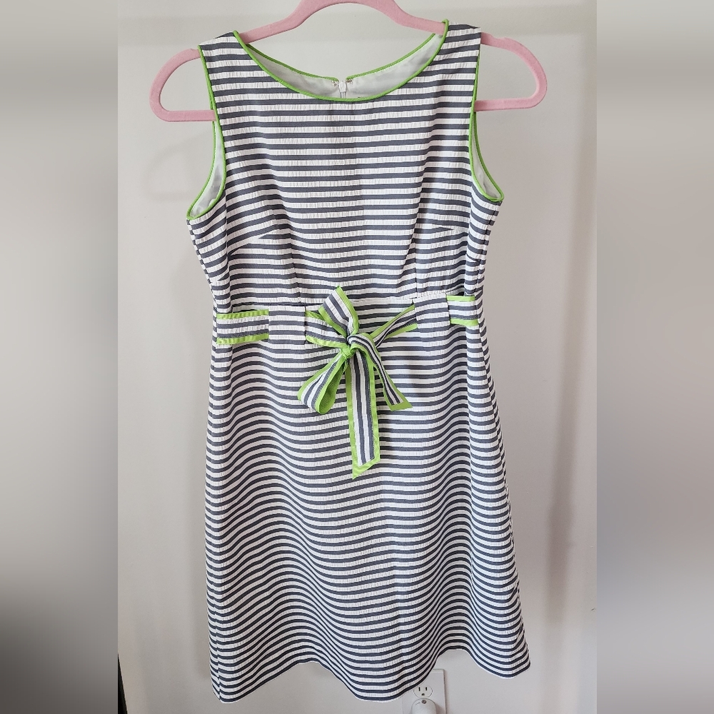 Kim Rogers Dress 4P Striped Seersucker‎ Sleeveless Belt Zip Scoop Office Easter